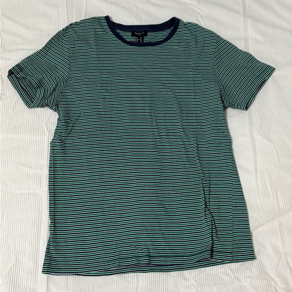 Forever 21 Men Striped T-Shirt Medium Green Navy Crew Neck Short Sleeve Tee